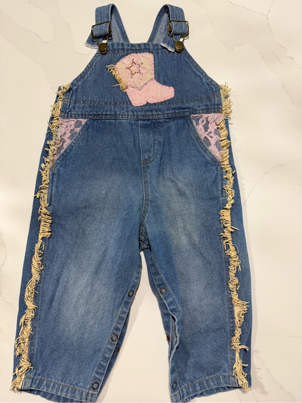 VINTAGE Denim Kids Overalls with Pink Boot Patch